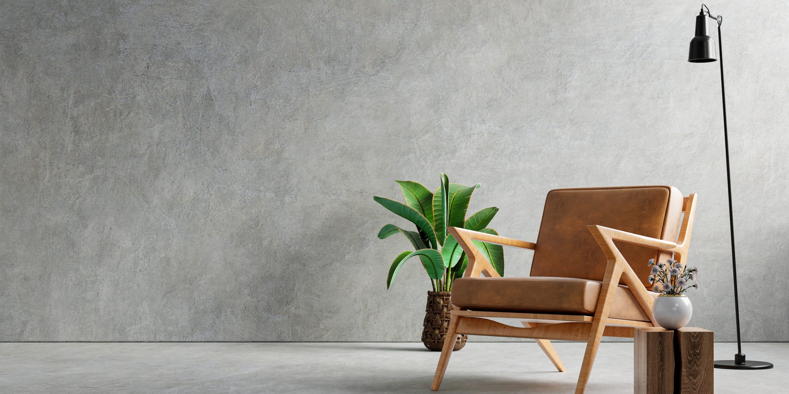 Living room interior in loft apartment with armchair,concrete wall.