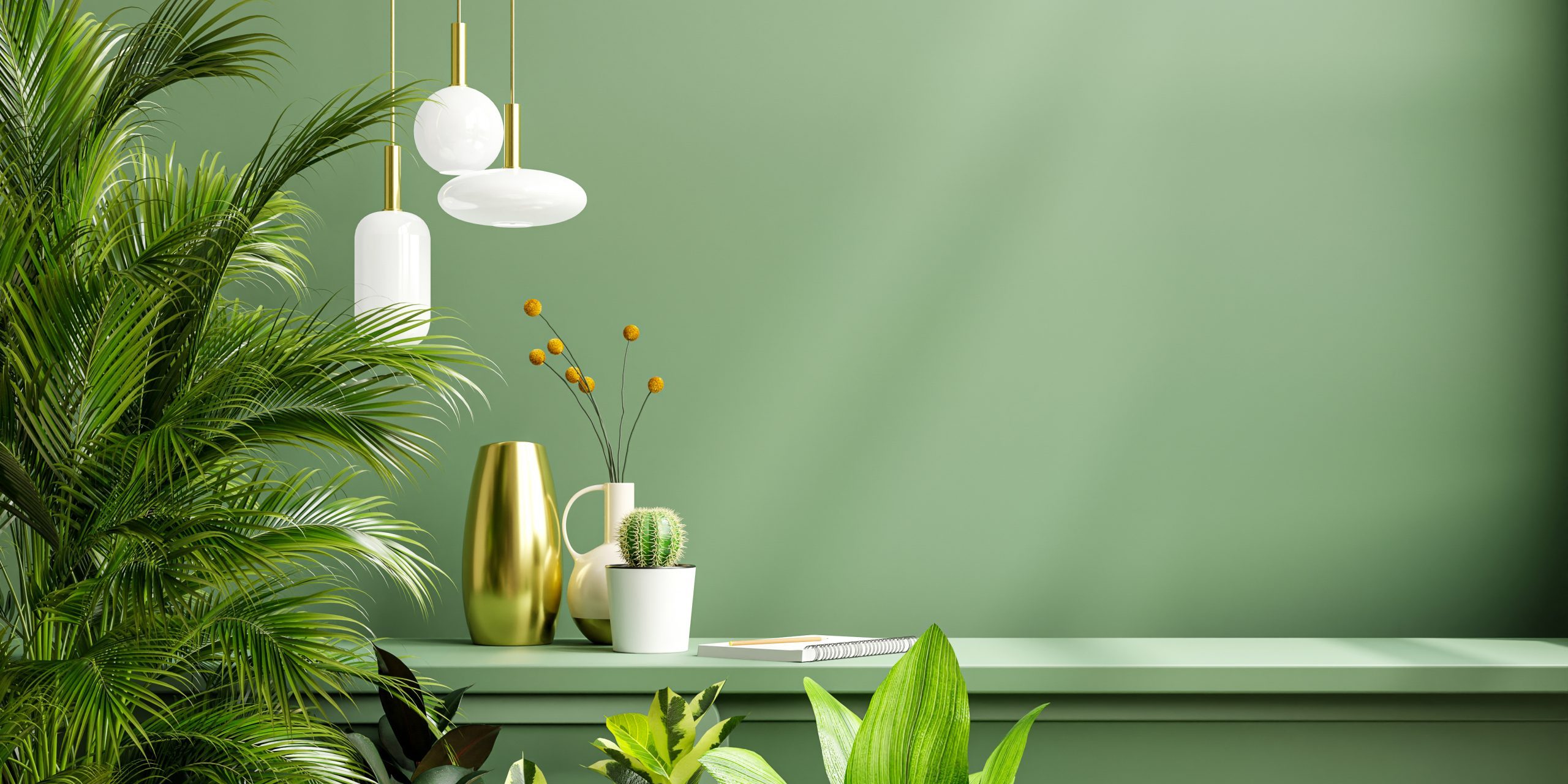 Green wall mockup with green plant and shelf.