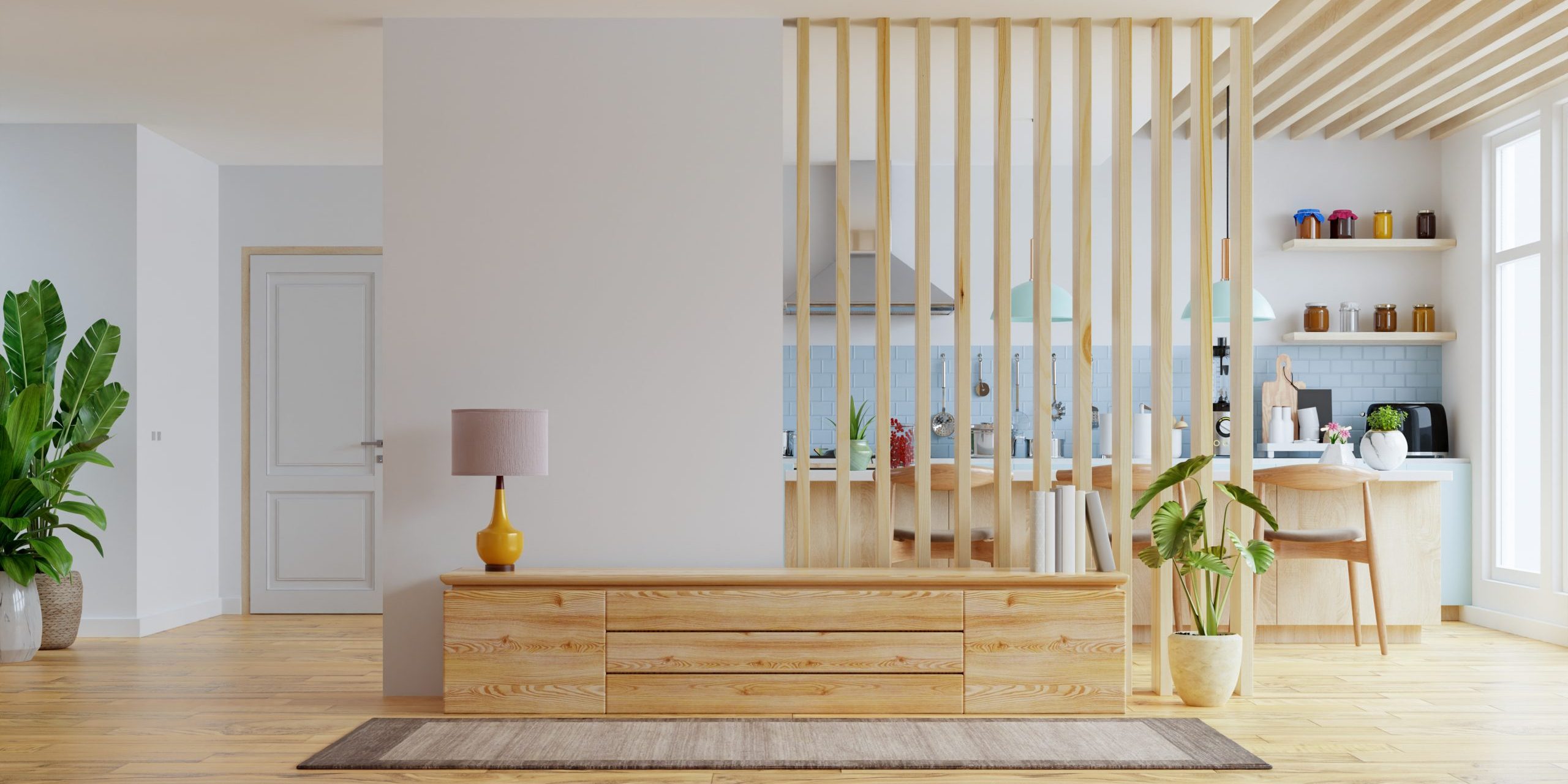 Modern interior room with furniture,TV room,Office room,Dining room,The kitchen.