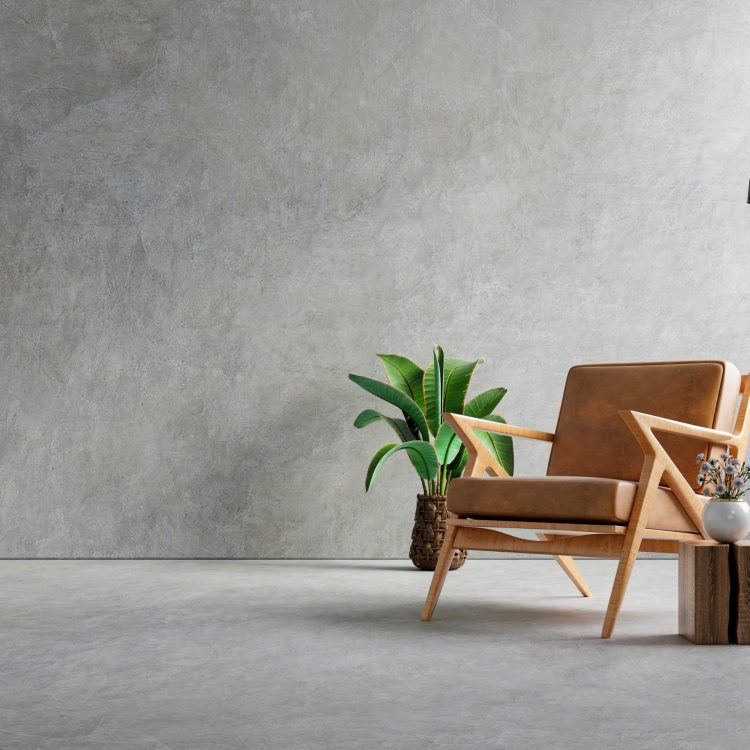 Living room interior in loft apartment with armchair,concrete wall.3d rendering